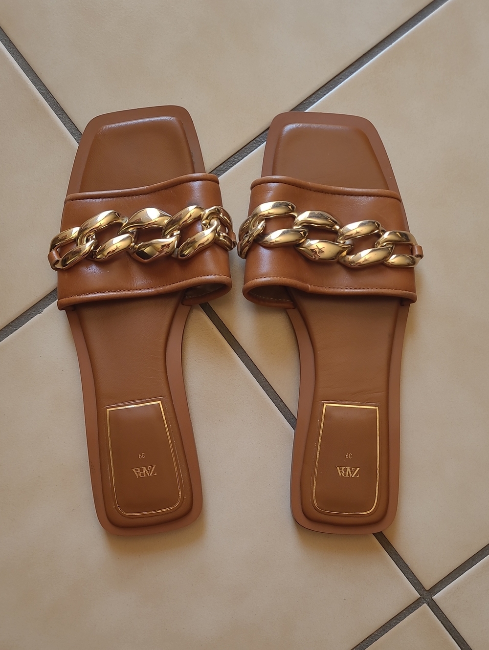 Zara Brown Slide Sandals with Gold Chain Detail